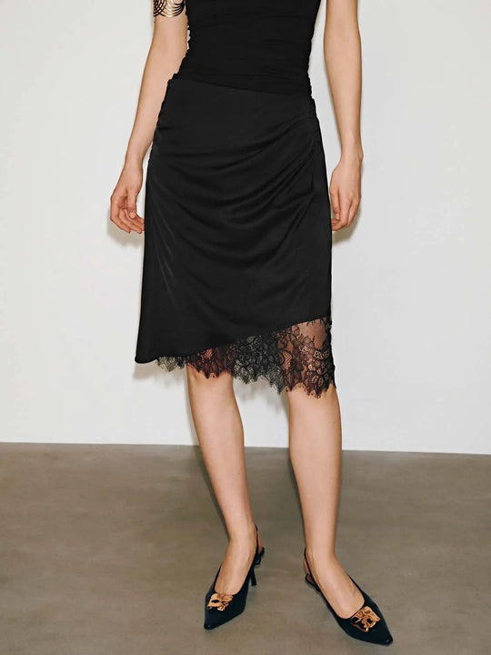 Lace Trim Asymmetric Draped A-Line Midi Skirts