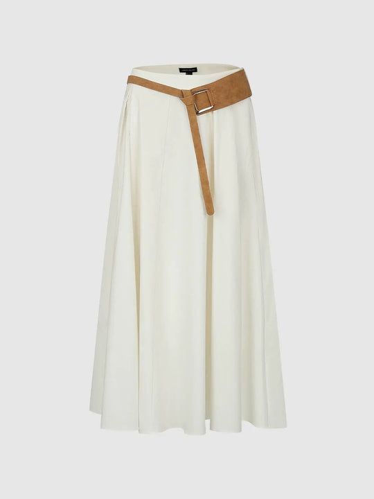 Belted Pleated A-Line Mid-rise Midi Skirt