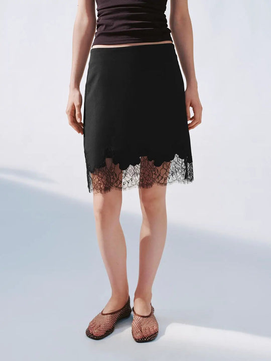 Lace Trim Straight Midi Skirts With Subtle Stretch