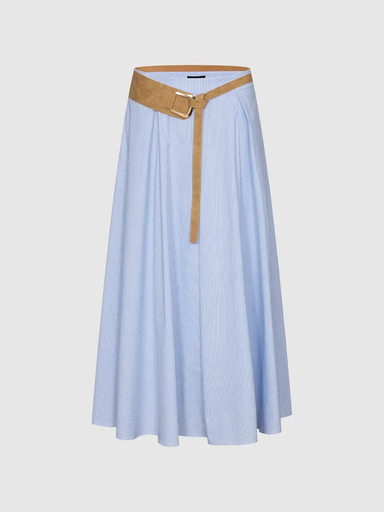 Tan Belted Pinstripe Cotton Blend A-Line Midi Skirts