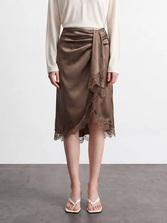 Draped Wrap With Lace Hem A-Line Midi Skirts