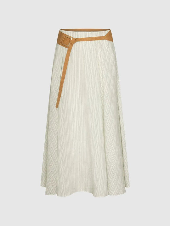 Cotton Stretch Pinstripe Belted A-Line Midi Skirts