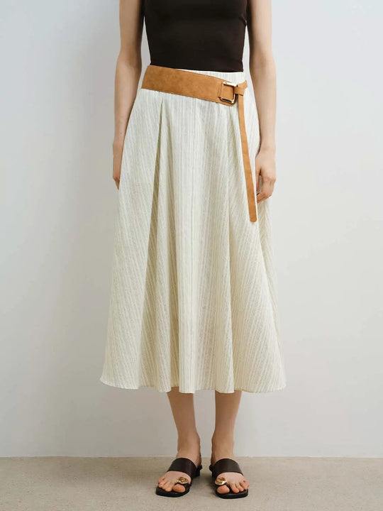 Cotton Stretch Pinstripe Belted A-Line Midi Skirt