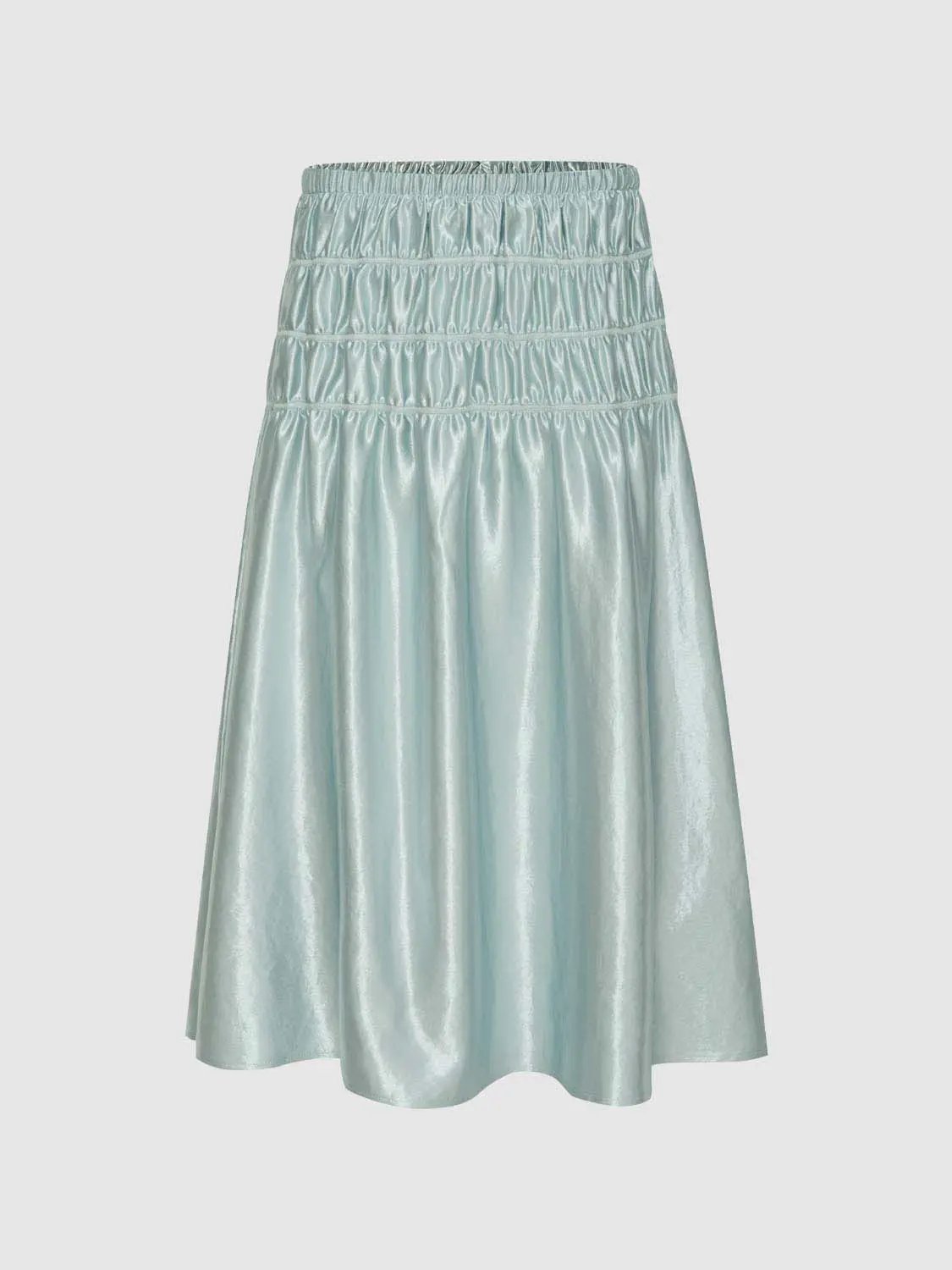 A-line skirt in light blue metallic satin with ruched tiered waist panels