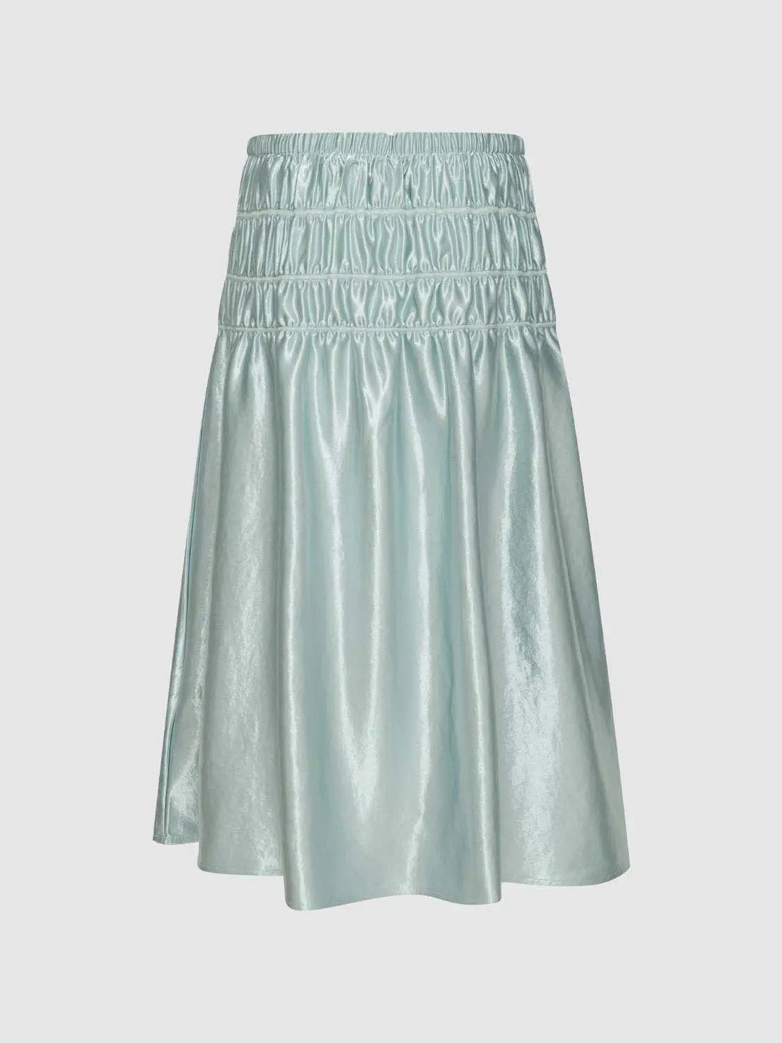 A-Line skirt, pale blue metallic satin, ruched elastic waistband, Urban Revivo Fashion