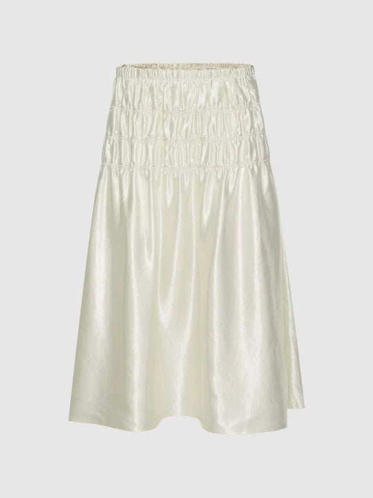 Shirred Waist Elasticized Tiered Panel With Subtle Shine Midi Featuring Ruched Seams Skirt