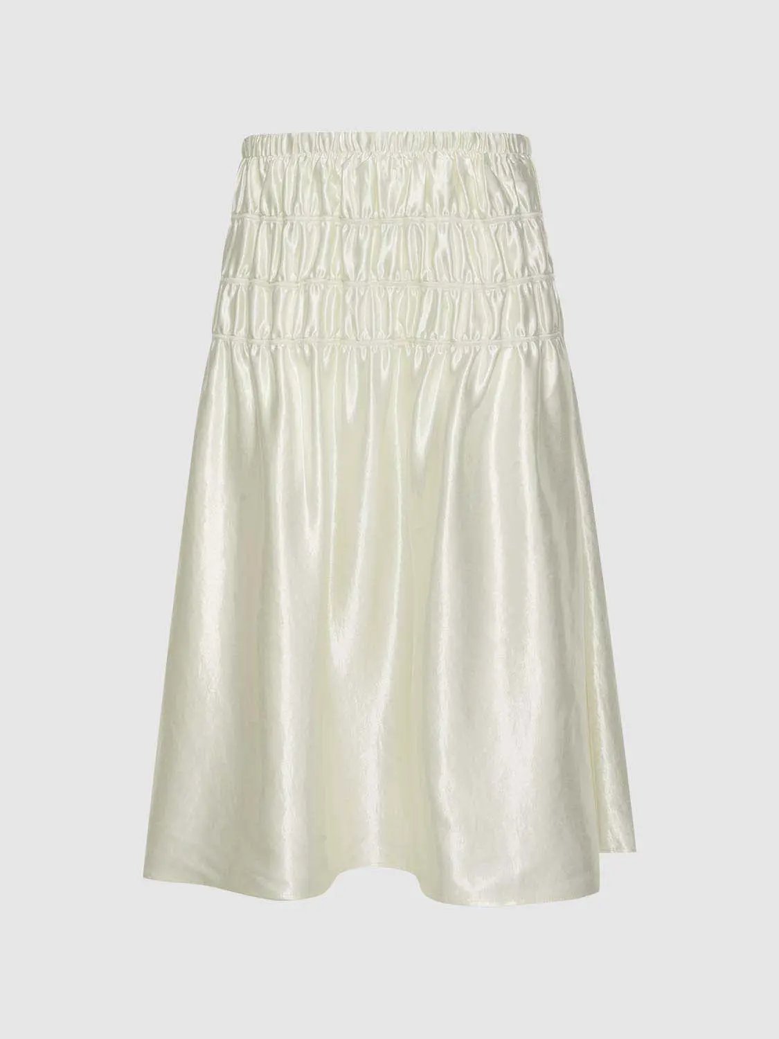 A-line satin skirt in ivory with shirred elastic waist panels.