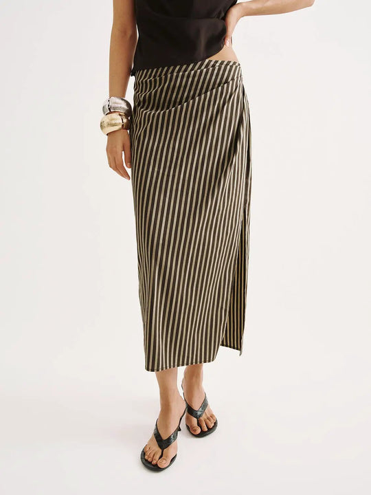H-line Striped Midi Wrap With Front Slit Skirt