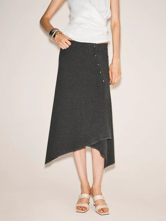 Button Detail Asymmetric Hem A-Line Midi Skirt