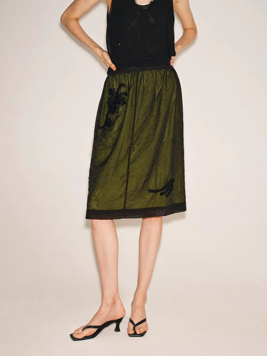 Olive Cotton Blend Applique Skirt
