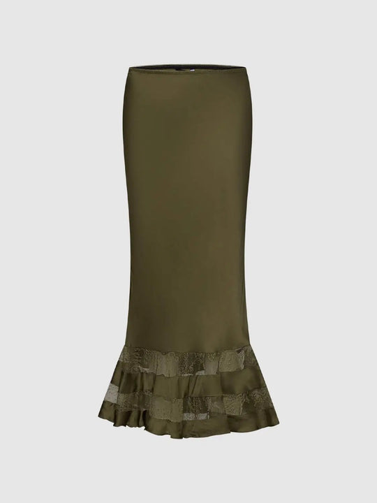 High-waisted Ruffle Lace Overlay Mermaid Midi Skirt