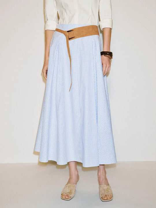 Striped Cotton Belted Mid-rise A-Line Skirt