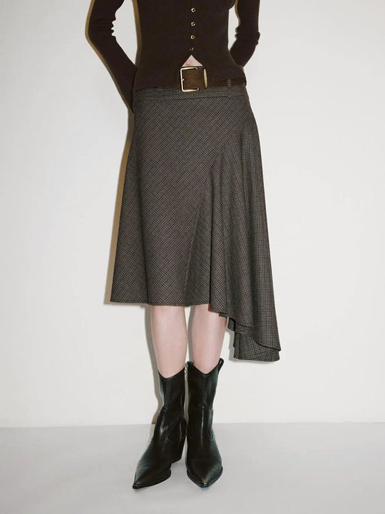 Belted Checked Asymmetric Hem A-Line Skirt