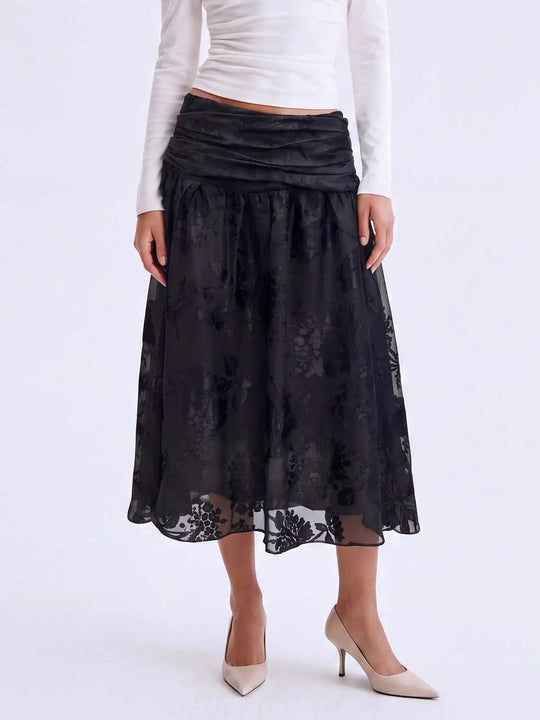 Thin Ruched Floral Print A-Line Midi Skirt