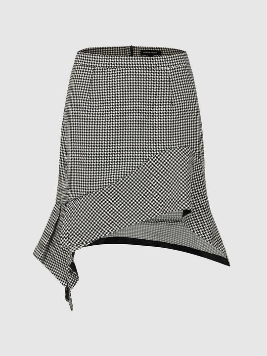 Checked Asymmetric Hem A-Line Mini Skirt