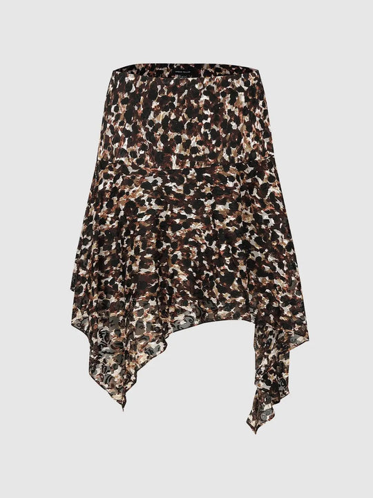 Asymmetric Hem Animal Print A-Line Midi Skirt