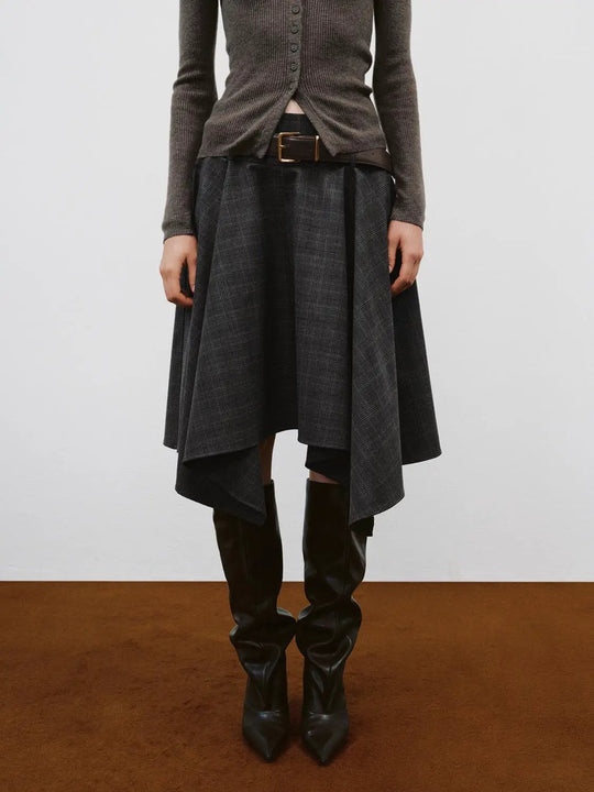 Belted Checked Asymmetric Hem A-Line Mid-rise Skirt