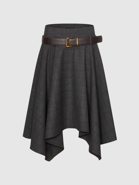 Belted Checked Asymmetric Hem A-Line Mid-rise Skirt