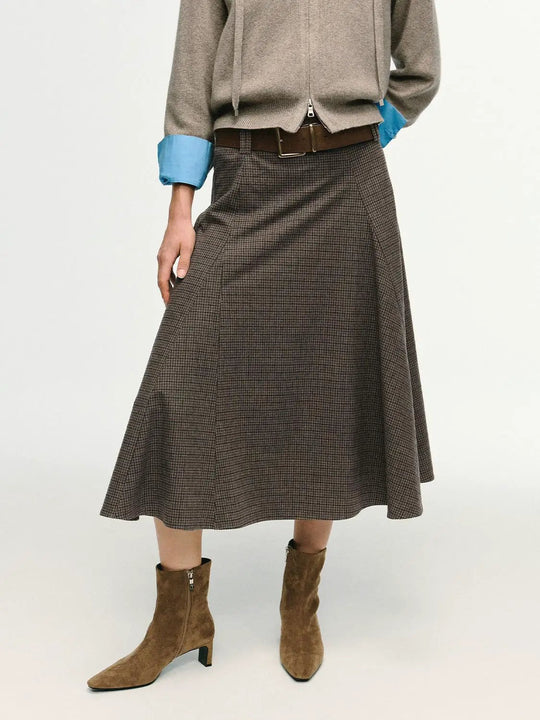 Checked Mid-rise Belted A-line Midi Skirt
