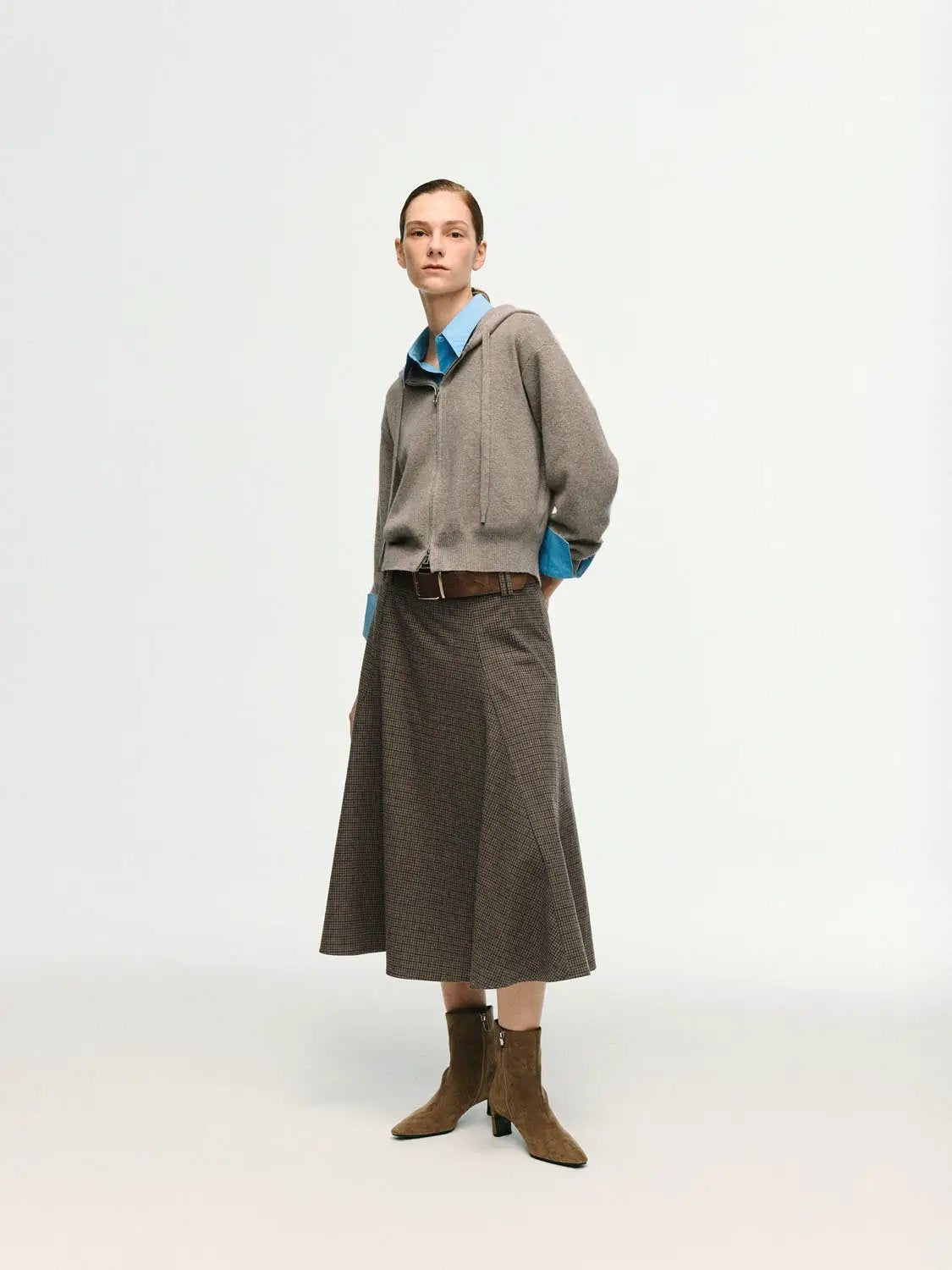 Checked mid-rise belted A-line midi skirt in brown plaid by Urban Revivo Fashion