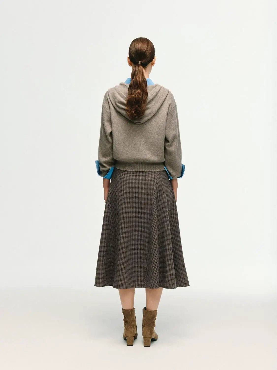 Checked mid-rise belted A-line midi skirt in brown plaid fabric