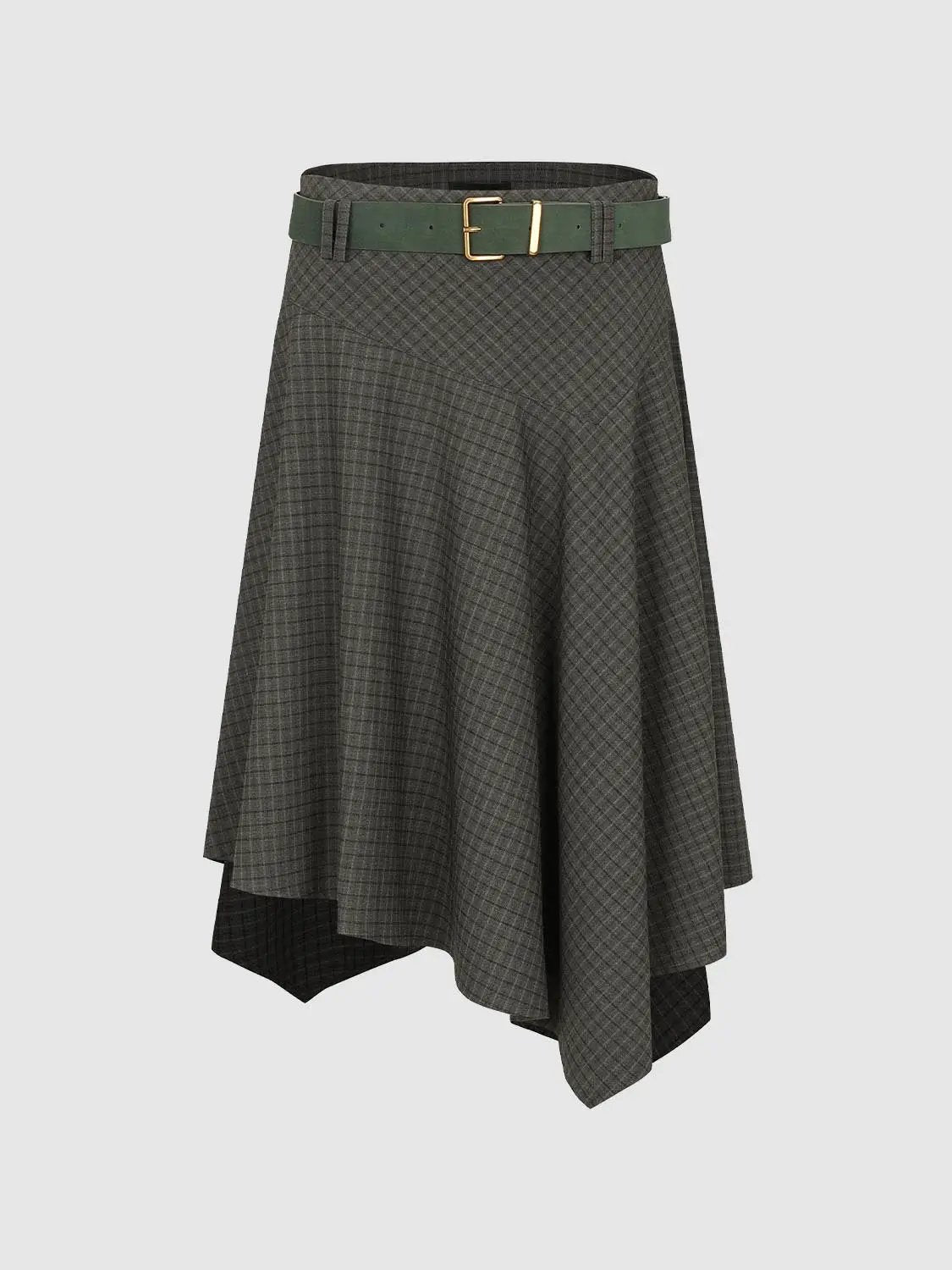 A-Line skirt with gray plaid fabric and a green belt with gold buckle.