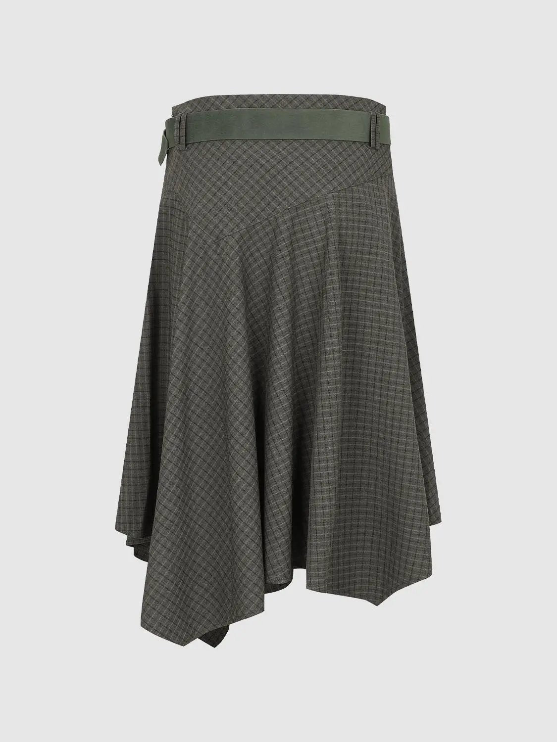 A-Line Skirt with gray plaid pattern and green belt