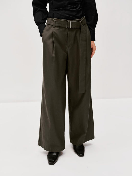 100% Cotton Belted Pleated Wide Leg Pants