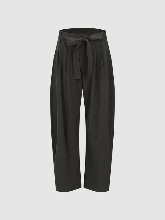 Tie Belt Tailored Pleated Barrel Leg Pants