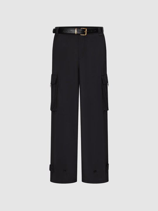 Belted Flap Pocket Wide Leg Cargo Pants