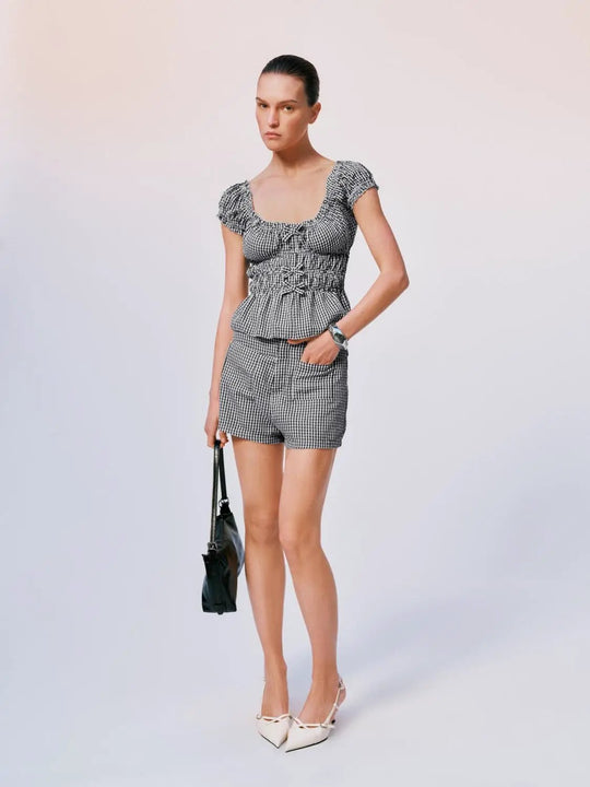 Gingham Check Polyester Smocked Waist Shorts