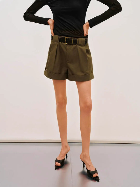 Cuffed Belted High Waisted Olive Pleated Shorts