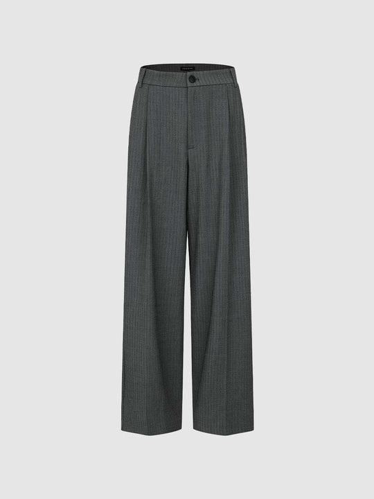 Pantaloni gessati a gamba larga, a vita alta, con piega frontale