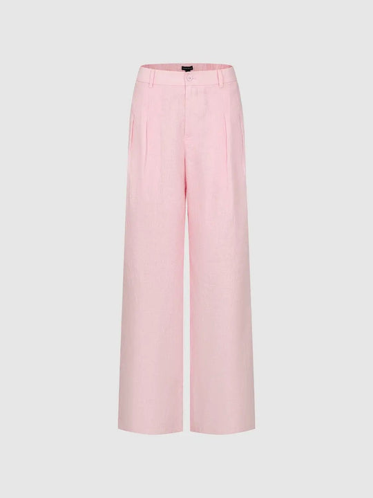 Tailored Front Pleated Linen Straight Leg Pants