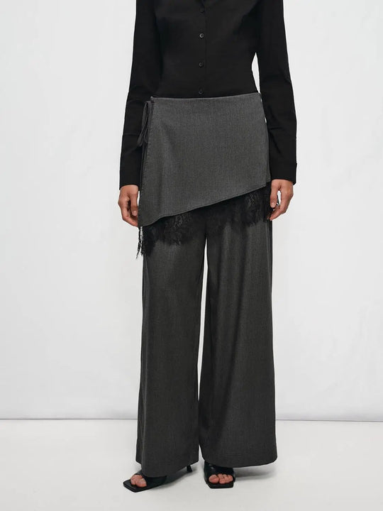 Lace Insert Tie Side Wide-leg Pants