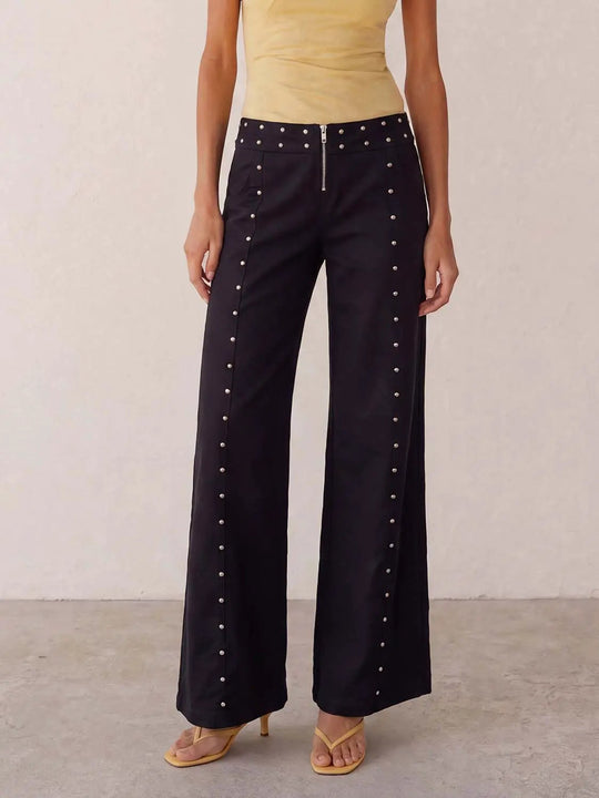 Studded Zip Front Cotton Linen Blend Wide-leg Pants