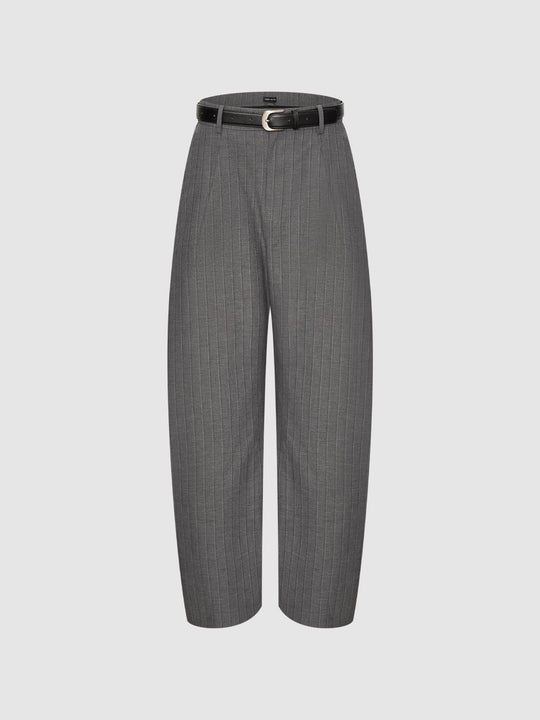 Striped Curved-Leg Pants With Decorative Belt