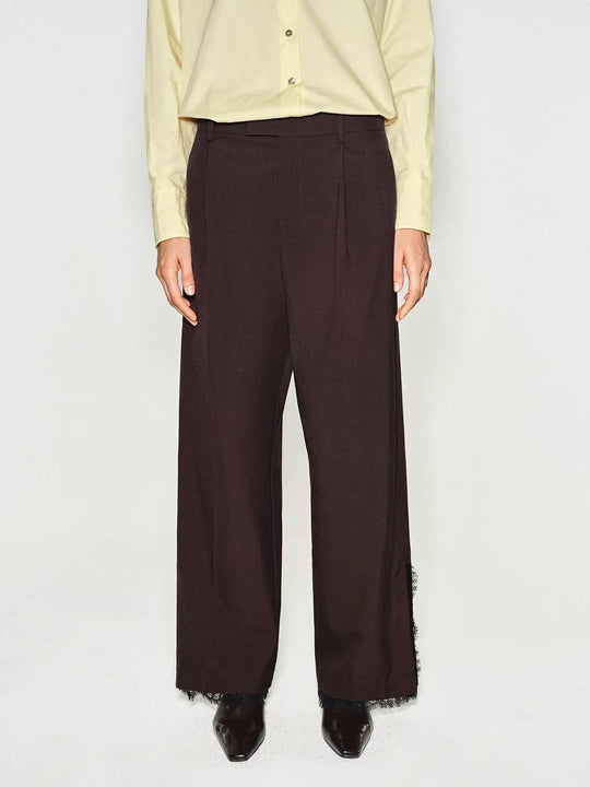 Mid-rise Front Pleated Wide-leg Pants With Raw Hem