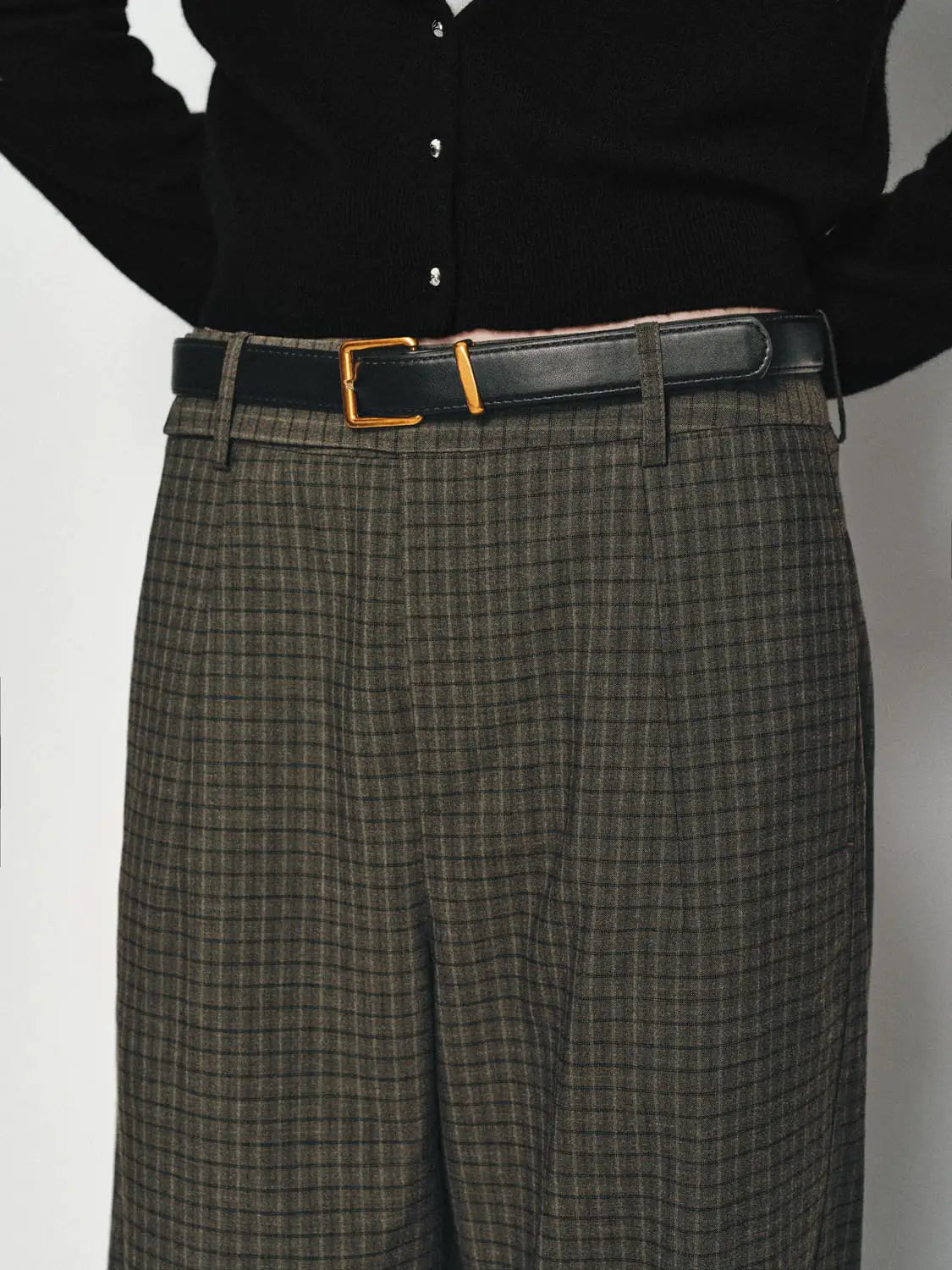 Wide-leg plaid pants with black belt and gold buckle; brown and grey check, Urban Revivo Fashion.