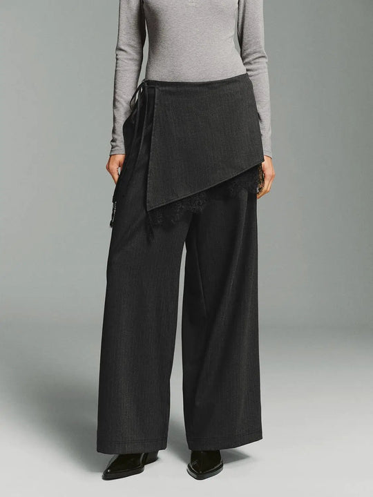 High-waisted Side Tie Wrap Lace Trim Wide-leg Pants