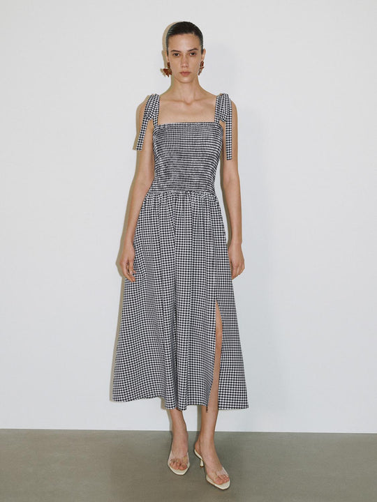 Tie Up Plaid Maxi Dresses