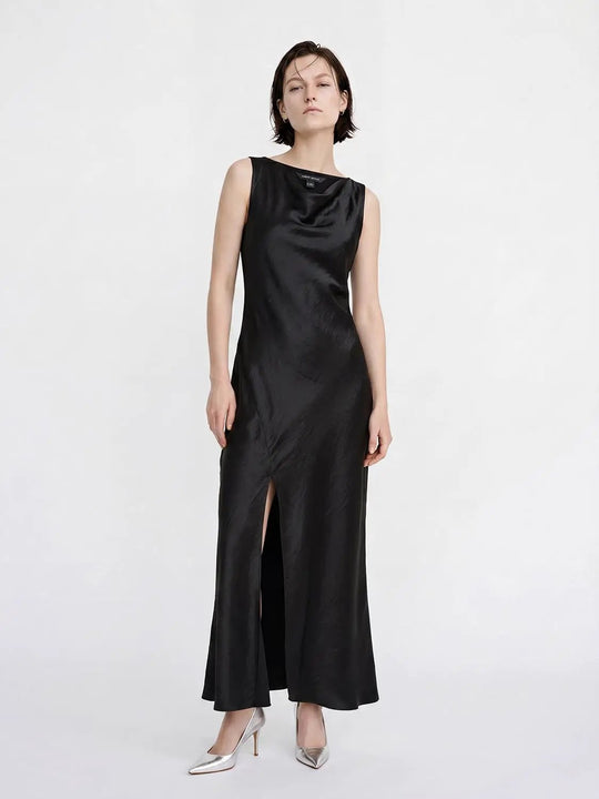 Satin Cowl Neck Sleeveless Midi Dress With Side Slit Dresses