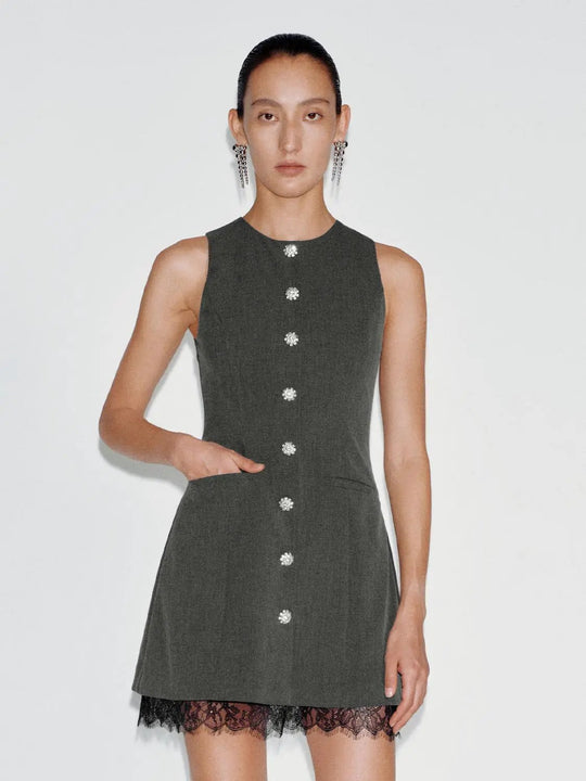 Buttoned Front A-line Lace Hem Charcoal Dress