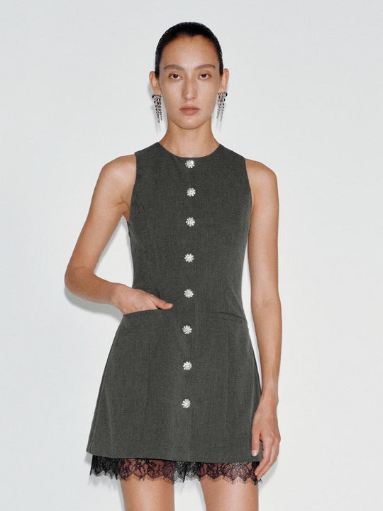 Vestido de corte evasé color carbón con botones frontales y bajo de encaje
