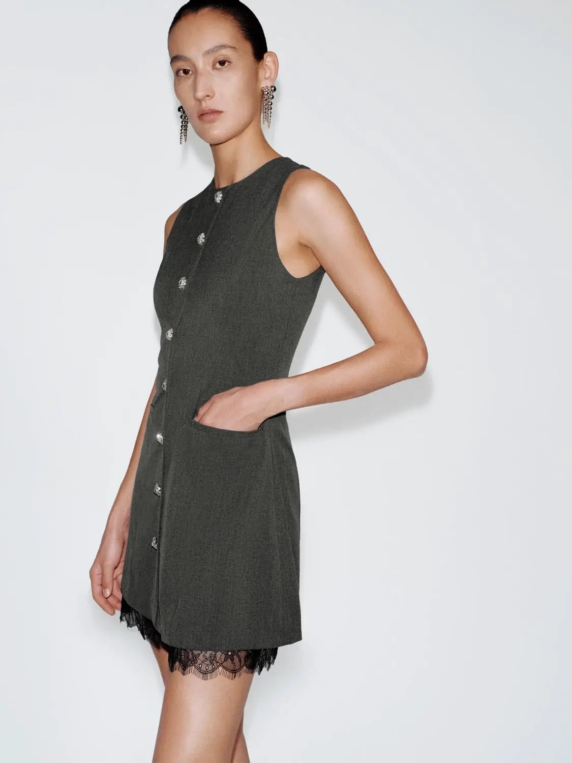 Buttoned-front charcoal A-line dress with lace hem and crystal button accents