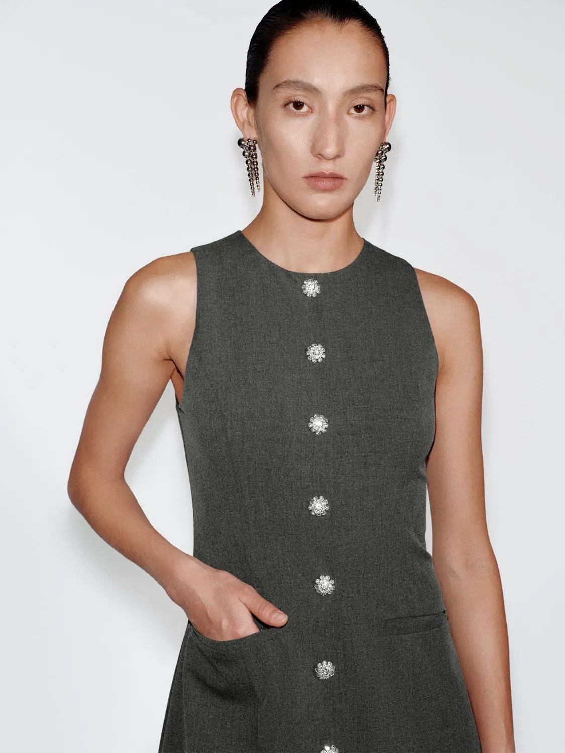 Buttoned Front A-line Lace Hem Charcoal Dress by Urban Revivo Fashion; crystal floral buttons.