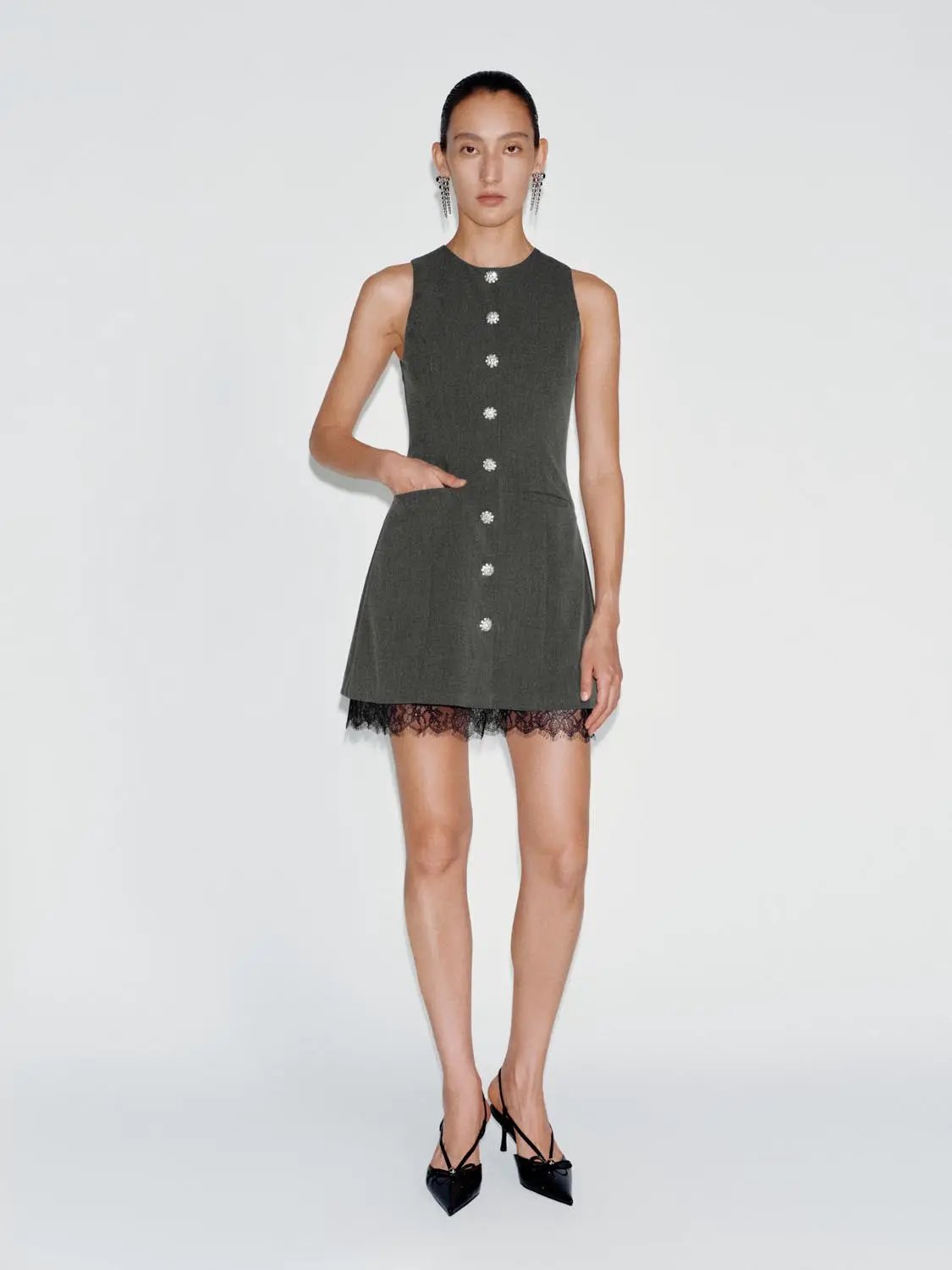Buttoned front A-line charcoal dress with lace hem, sleeveless