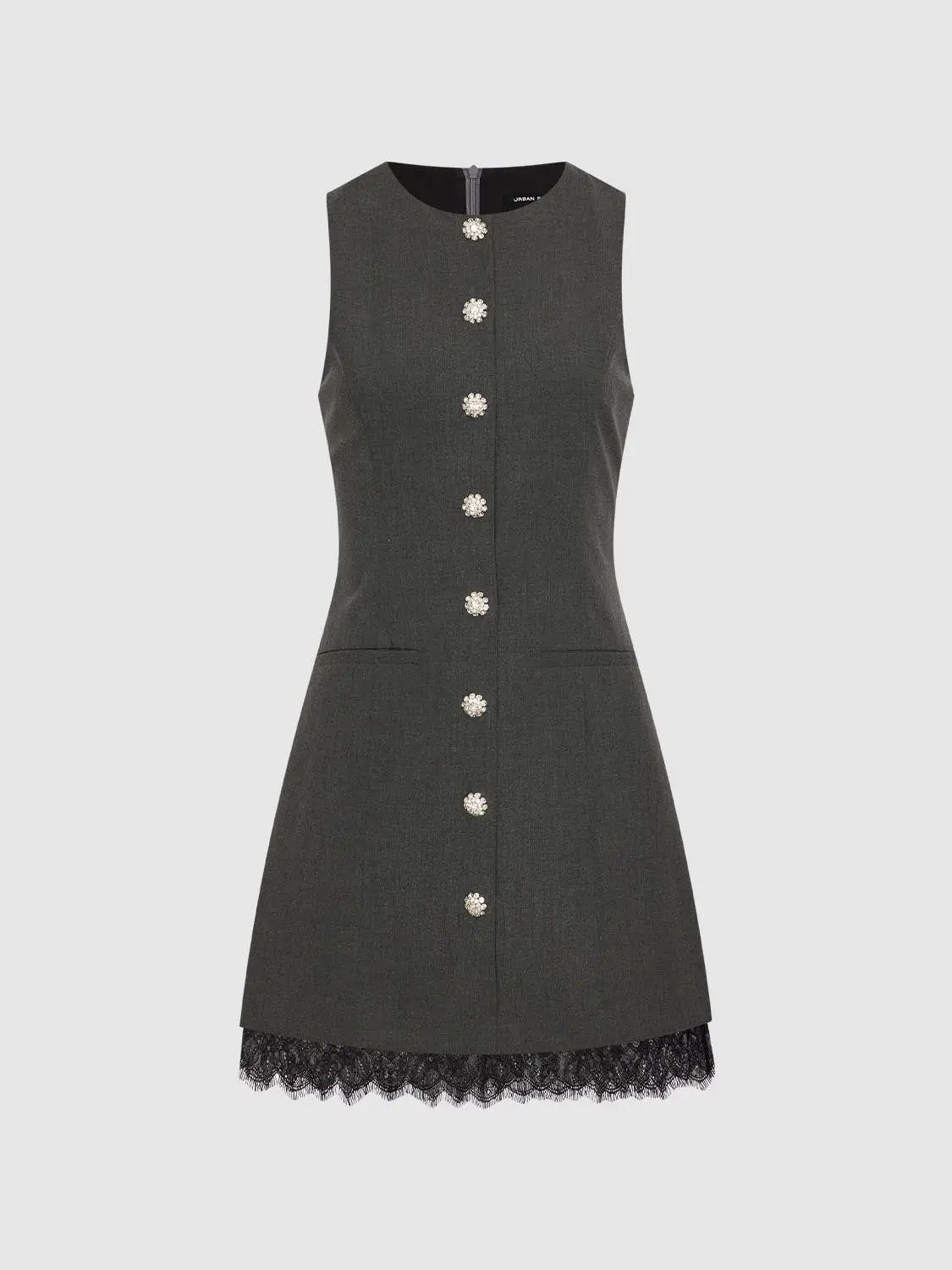 Buttoned Front A-line Lace Hem Charcoal Dress by Urban Revivo with floral buttons.