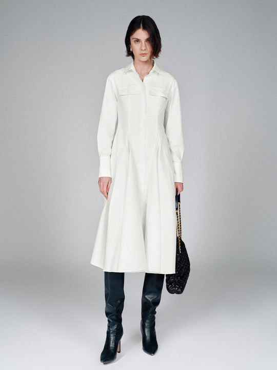 Flap Pocket Collared A-Line Midi Dresses