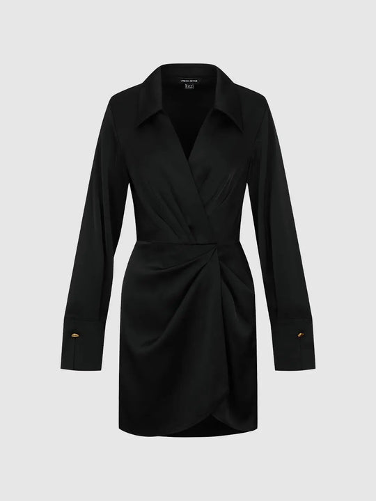 Black Draped Silk V Neck Wrap Midi Dress